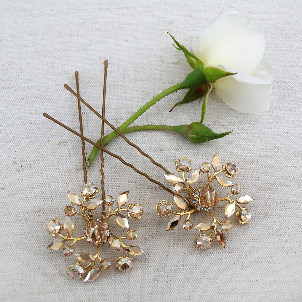 Haute Bride Gold & Champagne Floral Bridal Hair Pins, Set of 3